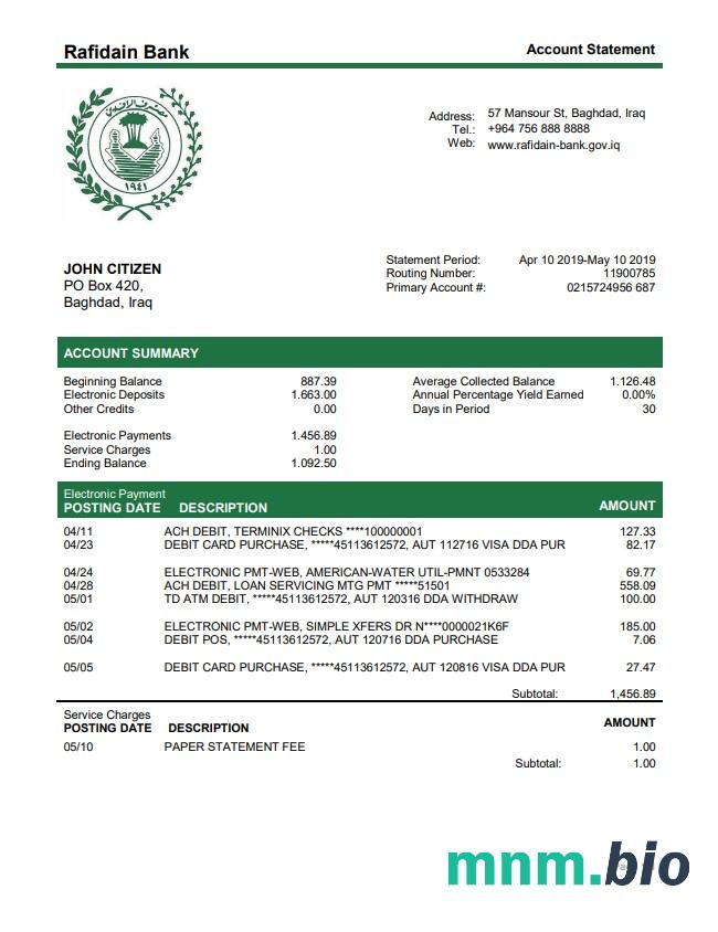Irak Rafidain szablon wyciągu bankowego w .xls i .format pliku pdf